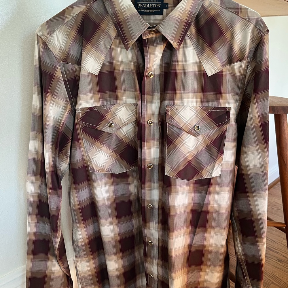 Pendleton Men's Maroon and Cream Plaid Western Button-Down Shirt